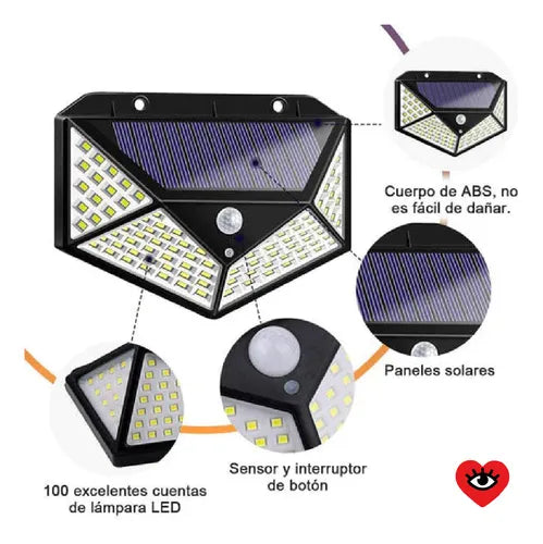 Aplique Reflector Led Panel Solar 100 Leds Sensor Movimiento Veoquiero