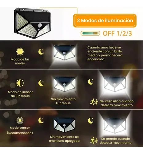 Aplique Reflector Led Panel Solar 100 Leds Sensor Movimiento Veoquiero