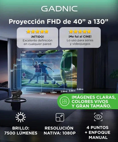 Proyector Gadnic HM-400 PRO 9500 Lúmenes Add 11 Conexion Inalambrica Bt 150 ANSI Corrección Trapezoidal Sonido 5W
